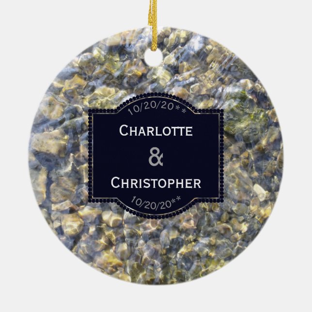 River Pebbles And Water Personalized Wedding Ceramic Ornament (Back)