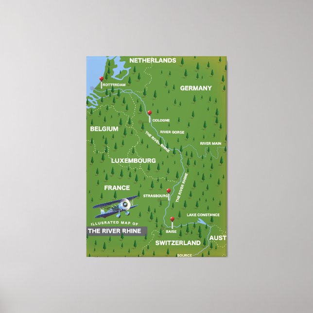 River Rhine retro travel map. Canvas Print (Front)