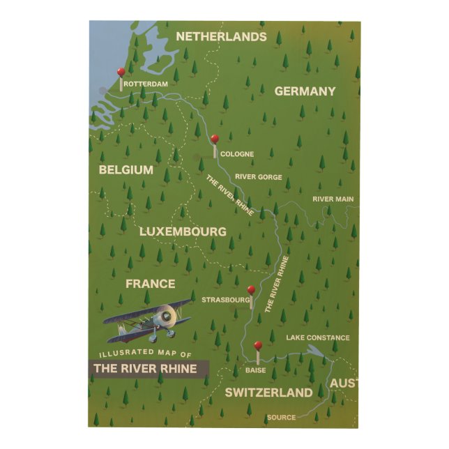 River Rhine retro travel map. Wood Wall Art (Front)