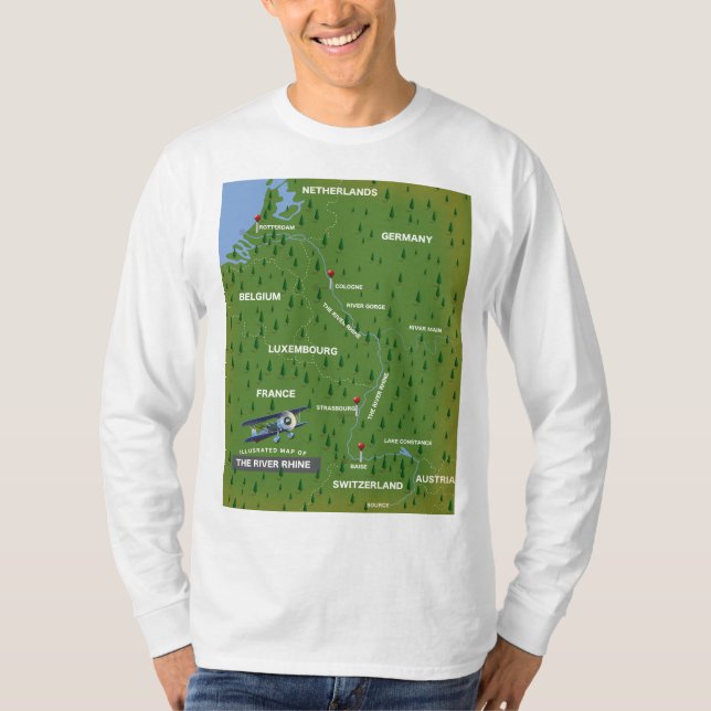 River Rhine retro travel map. Wood Wall Art T-Shirt (Front)