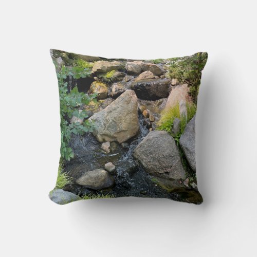 River rocks forest steam photo throw pillow