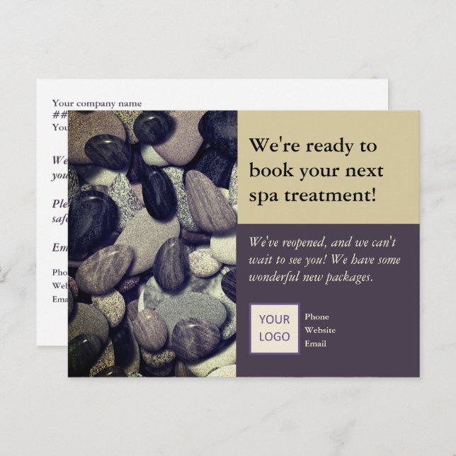 River Rocks Image in Mauve and Tan Spa Reopening Postcard (Front/Back)
