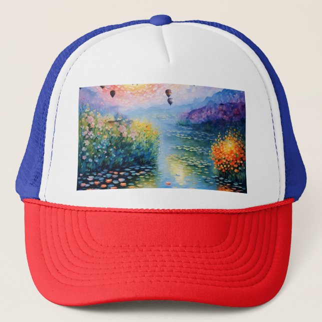 river scene with hot air balloons trucker hat (Front)