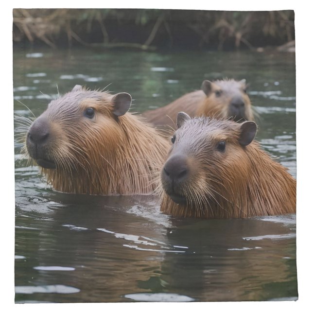 "River Serenity: Capybaras Swimming in the Flow" Cloth Napkin (Front)