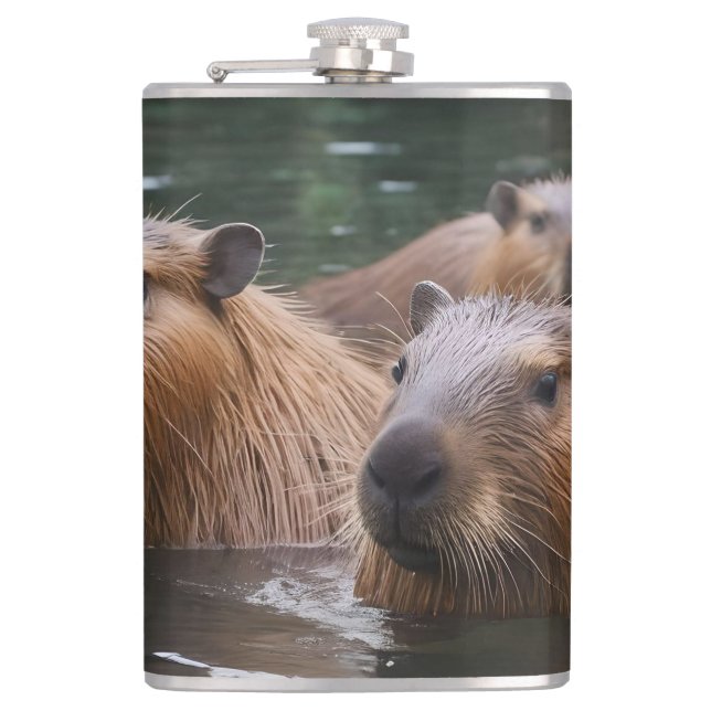 "River Serenity: Capybaras Swimming in the Flow" Flask (Front)