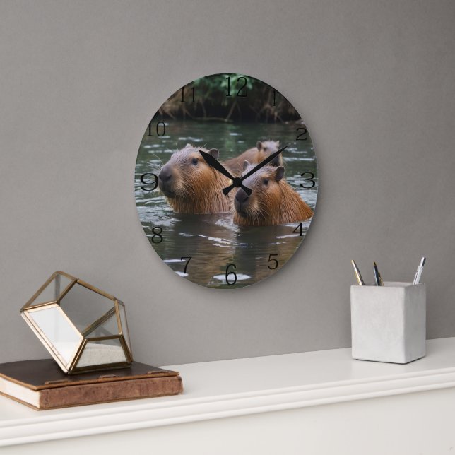 "River Serenity: Capybaras Swimming in the Flow" Large Clock (Office)