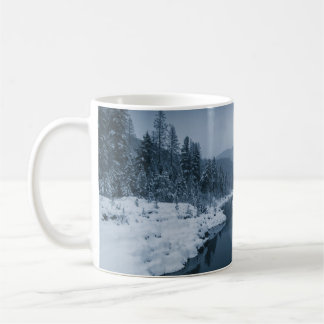 RIVER SURROUNDED BY SNOW COVERED FIELD WITH PINE T COFFEE MUG