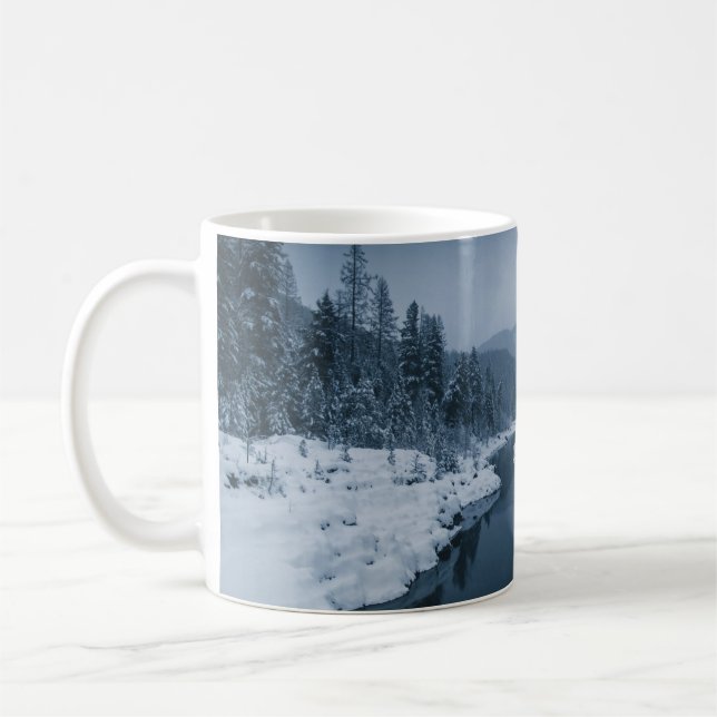 RIVER SURROUNDED BY SNOW COVERED FIELD WITH PINE T COFFEE MUG (Left)