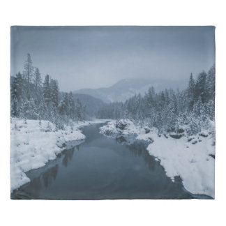 RIVER SURROUNDED BY SNOW COVERED FIELD WITH PINE T DUVET COVER