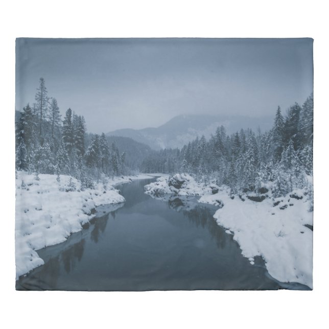 RIVER SURROUNDED BY SNOW COVERED FIELD WITH PINE T DUVET COVER (Front)