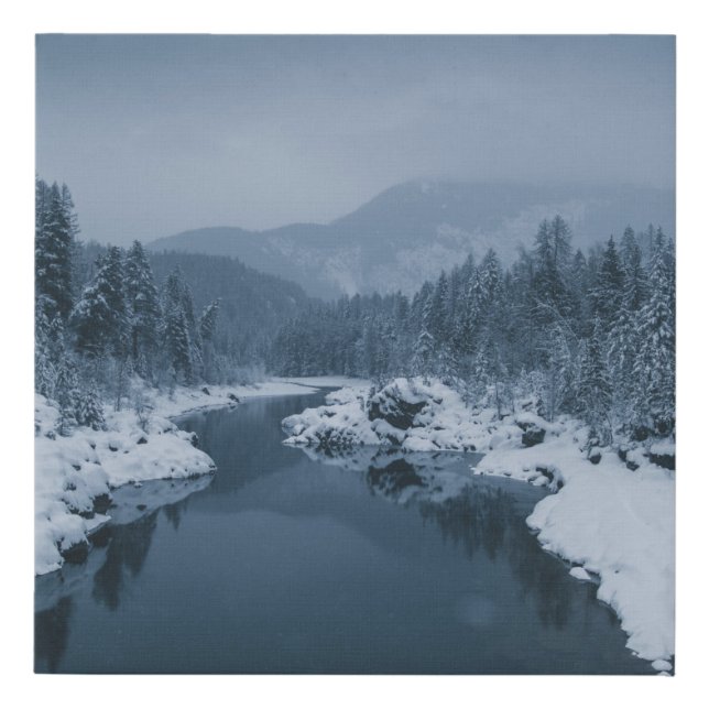 RIVER SURROUNDED BY SNOW COVERED FIELD WITH PINE T FAUX CANVAS PRINT (Front)