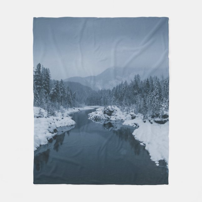 RIVER SURROUNDED BY SNOW COVERED FIELD WITH PINE T FLEECE BLANKET (Front)