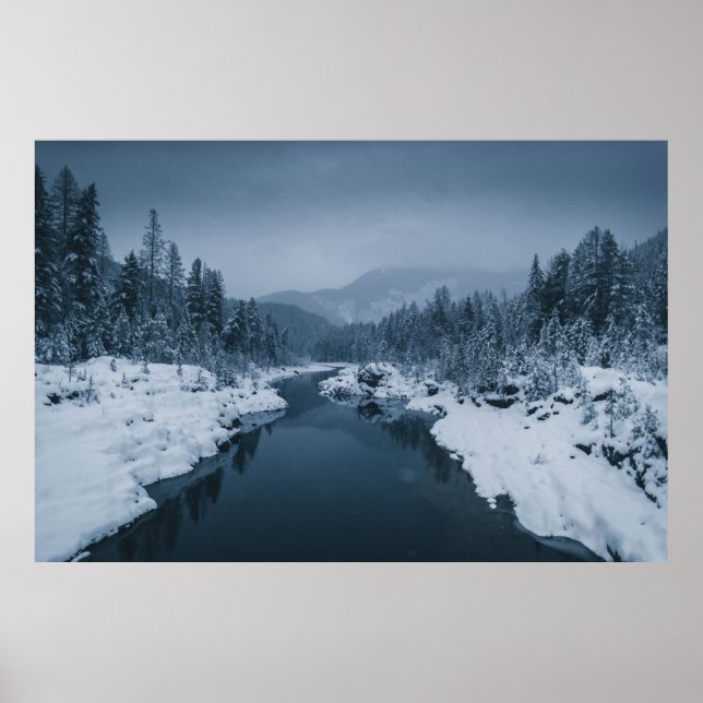 RIVER SURROUNDED BY SNOW COVERED FIELD WITH PINE T POSTER (Front)