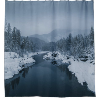 RIVER SURROUNDED BY SNOW COVERED FIELD WITH PINE T SHOWER CURTAIN
