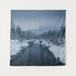 RIVER SURROUNDED BY SNOW COVERED FIELD WITH PINE T TAPESTRY