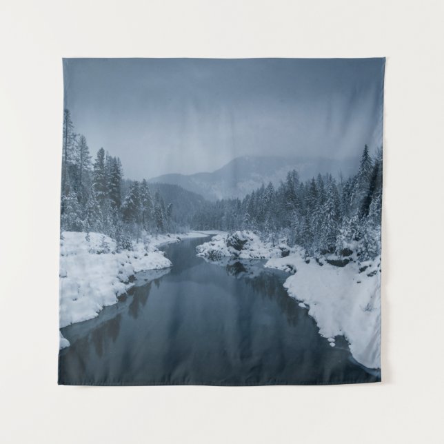 RIVER SURROUNDED BY SNOW COVERED FIELD WITH PINE T TAPESTRY (Front)