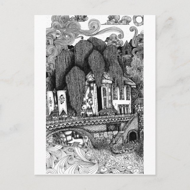 River Temple pen and ink illustration postcard (Front)