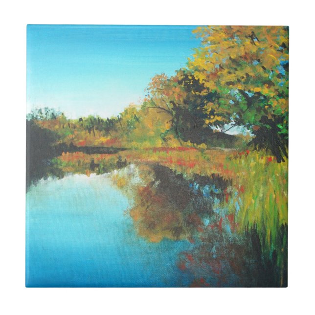 River Trees Fall Landscape Fine Art Ceramic Tile (Front)