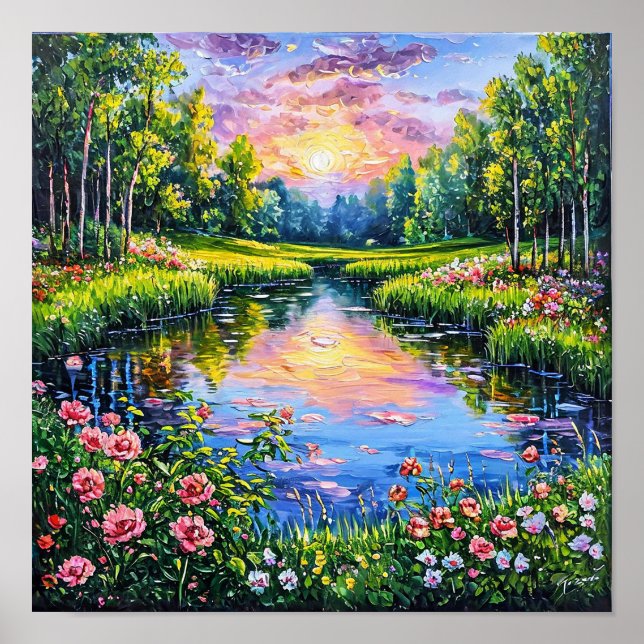 River with Blooming Flowers Landscape Art 🌅🌸🌿 Poster (Front)