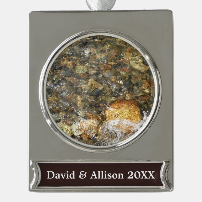 River-Worn Pebbles Brown and Grey Natural Abstract Silver Plated Banner Ornament (Front)