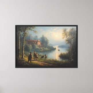 Riverbank Figures with Rustic Cottage Canvas Print