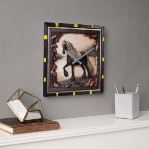 Riverbank Grace: Charred Wood Gypsy Vanner Square Wall Clock