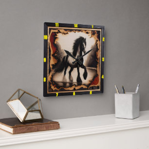 Riverbank Monochrome: Charred Wood Gypsy Vanner Square Wall Clock