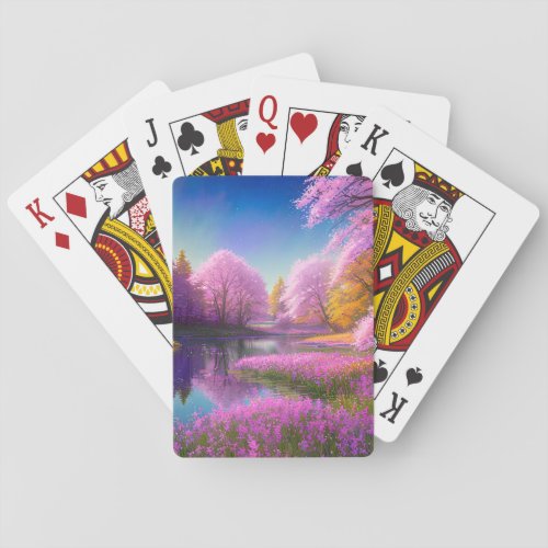 Riverbanks Overgrown with Pink Flowers Playing Cards