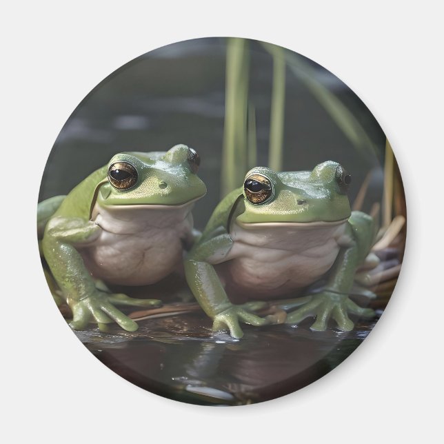 Riverbound Wonders: Two Plump Green Frogs By River Magnet (Front)