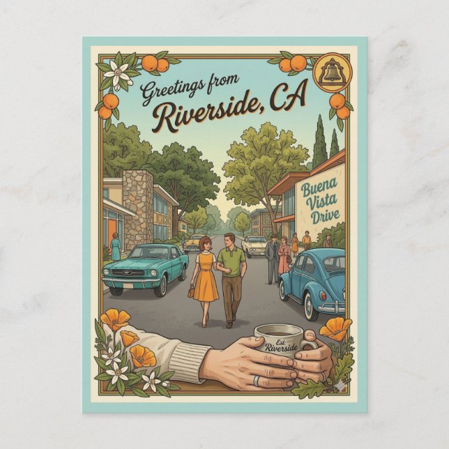 Riverside CA Buena Vista Drive 1960s Style Postcard (Front)