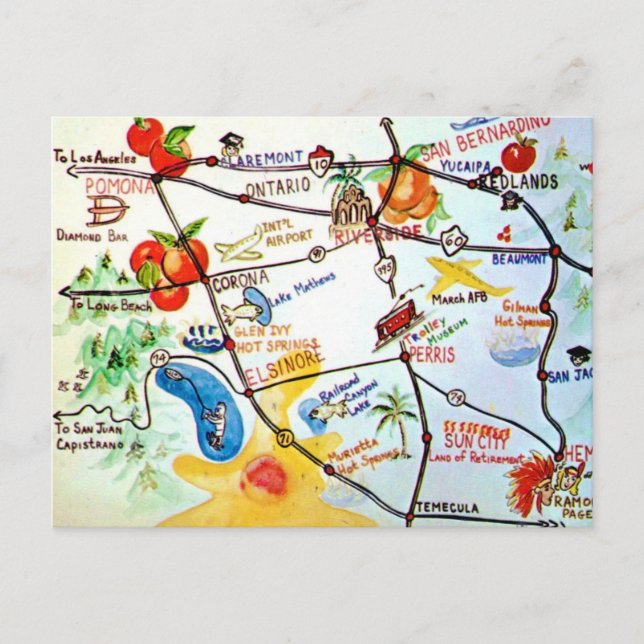 Riverside - California Colorful Map  Postcard (Front)