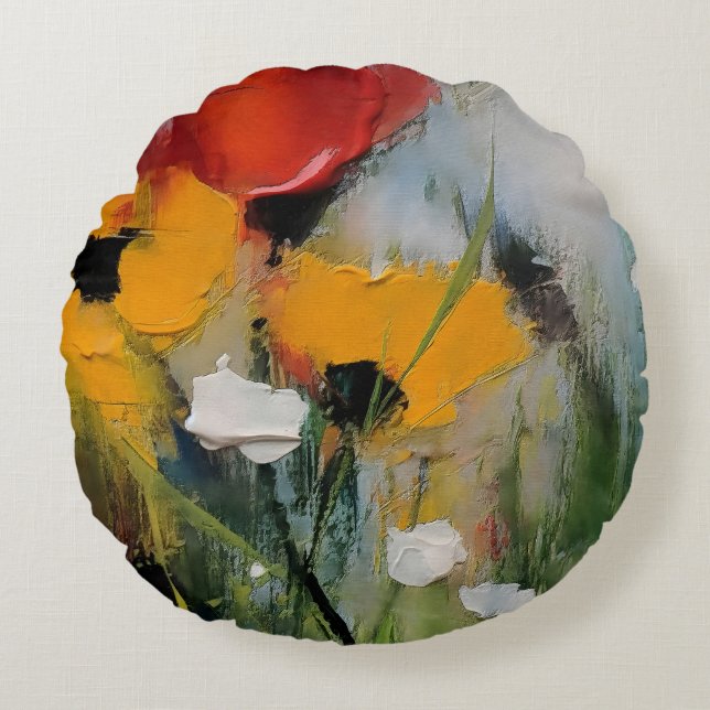 Riverside – Expressive Abstract Meadow Round Pillow (Front)