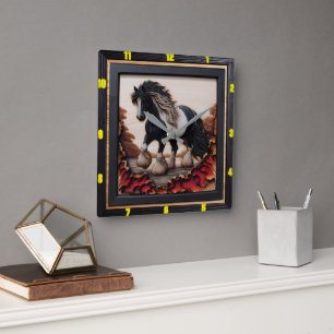 Riverside Grace: Charred Wood Gypsy Vanner Square Wall Clock