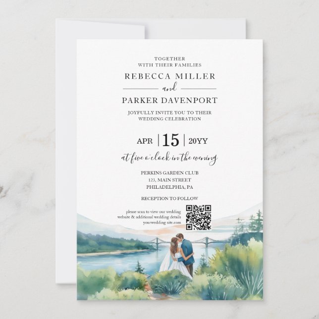 Riverside modern Wedding QR Code Invitation (Front)