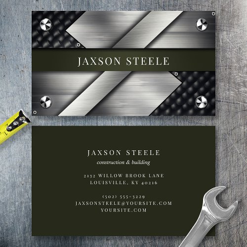 Riveted Brushed Metal And Olive Green Business Card