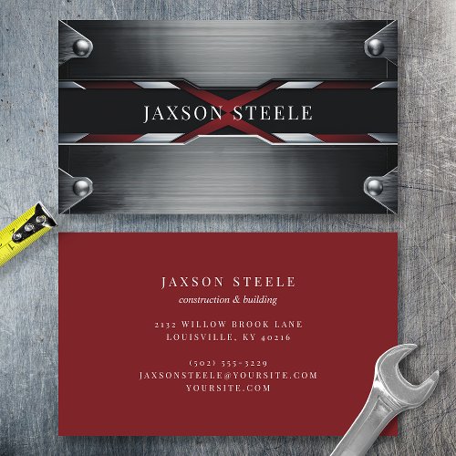 Riveted Brushed Metal And Red Business Business Card