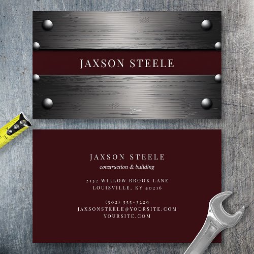 Riveted Metal And Burgundy Business Card