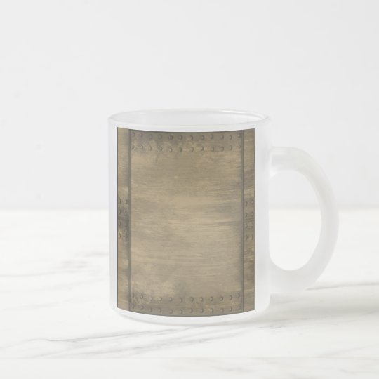 rivetted grungy gold metal plate frosted glass coffee mug