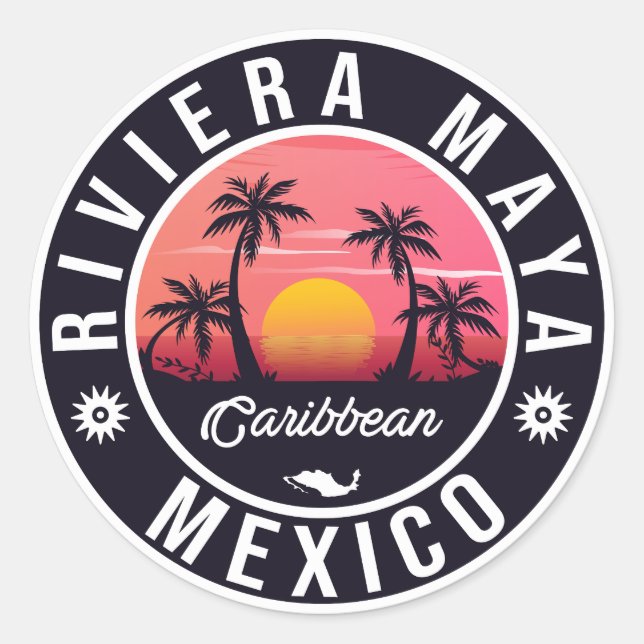 Riviera Maya Beach - Mexico Sunrise Palm tree Classic Round Sticker (Front)