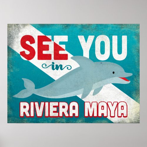 Riviera Maya Dolphin _ Retro Vintage Travel Poster