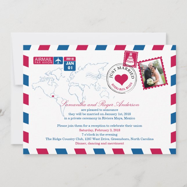 Riviera Maya Mexico Airmail Post Wedding Reception Invitation (Front)