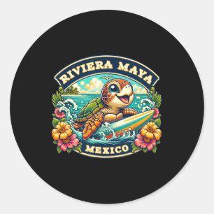 Riviera Maya Mexico Cute Sea Turtle Surfing Classic Round Sticker