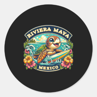 Riviera Maya Mexico Cute Sea Turtle Surfing Classic Round Sticker