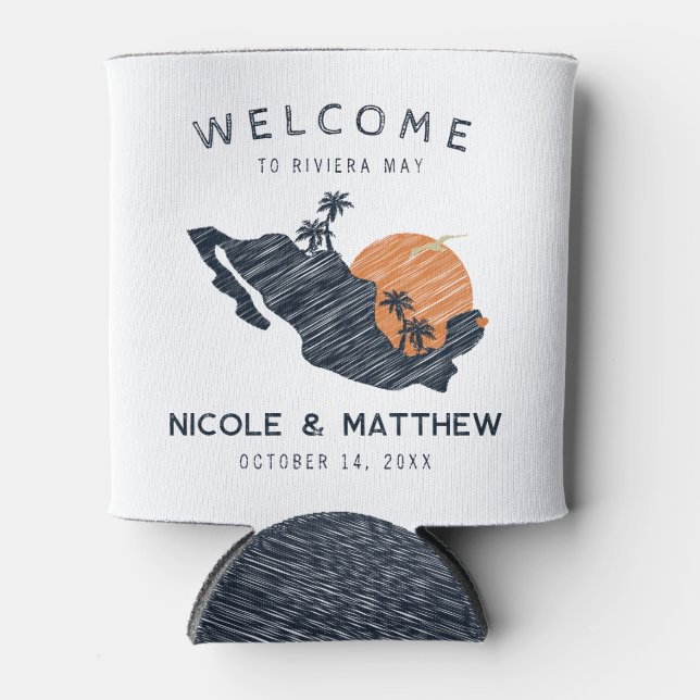 Riviera Maya Mexico Navy Map Wedding Welcome Can Cooler (Front)