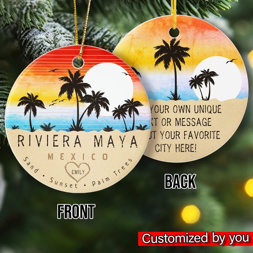 Riviera Maya Mexico Retro Sunset Palm tree 60s Ceramic Ornament