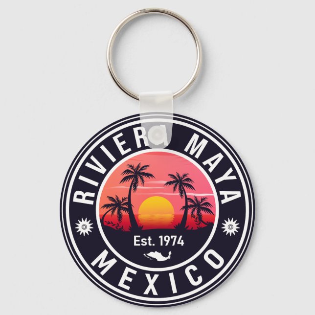 Riviera Maya Mexico Retro Sunset Souvenirs 60s Keychain (Front)