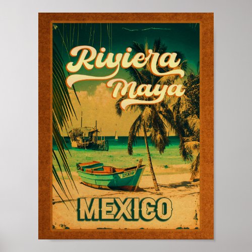Riviera Maya Postcard Palm Tree Vintage Travel Poster