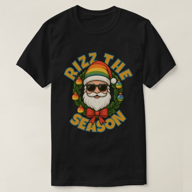 Rizz The Season Trendy Christmas Gay Rainbow Santa T-Shirt (Design Front)