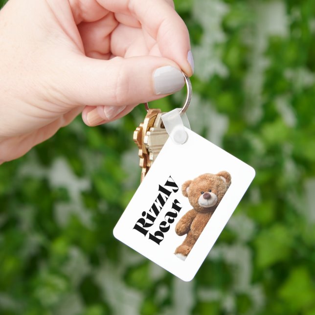 Rizzly cute teddy bear design funny quote keychain (Hand)