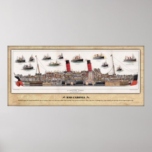 RMS CARONIA 1905 CutawayInboard Profile Poster
